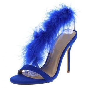 BLUE OPEN TOE FEATHER CROSS STRAP STILETTO HEEL